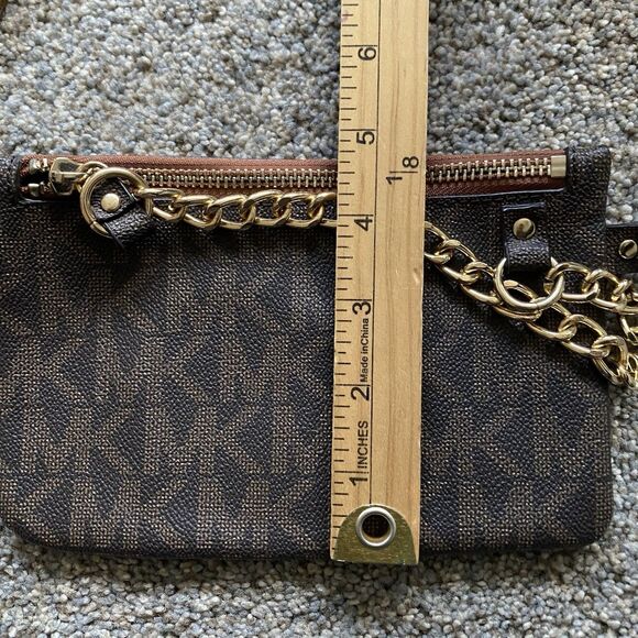Michael Kors Belt Bag Brown Leather MK Logo 8x5" Gold Chain Travel Glam Designer - Picture 5 of 10